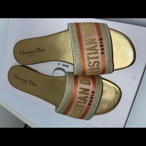Dior platinum Gold Mule Flat Sandals Embroidered Logo Sandals